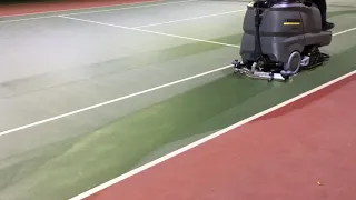 Demonstration of Karcher BR 65/90 Ride on Floor Scrubber Dryer on Indoor Tennis Court