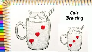 Pencil drawing easy ideas, cute cat and mug drawing