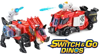 Vtech Switch and Go Triceratops Fire Truck! Transforming dinosaur toy with motorcycle launcher!