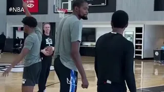 SHOOTING COMPETITION BETWEEN KYRIE ,KD & CAM THOMAS AT TODAYS NETS POST PRACTICE