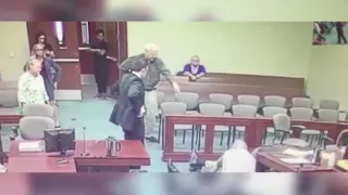 Moment paedophile who abused 10 year old girl in cemetery tries to stab prosecutor in court as jury