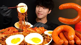 ASMR BLACK BEAN FIRE NOODLES & SAUSAGES MUKBANG EATING SOUNDS! (FRIED EGG & KOREAN SPICY KIMCHI)