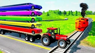 Double flatbed trailer truck Vs Speedbumps - Train vs Case Tractor Transporting - BeamNG.drive #179