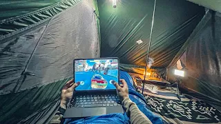 SOLO CAMPING IN THE COMFORT OF HOME WHILE PLAYING GAME WITH CREEK AND RAINFOREST VIEWS • ASMR