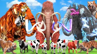 Woolly Mammoth vs Giant Tiger Mammoth vs Giant Zombie Mammoth Fight CartoonCow Bull Save by Mastodon