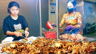 Tasty Grilled Octopus, Fried Meatballs, Wontons - Cambodian Street Food - Heavy Rain at Night!