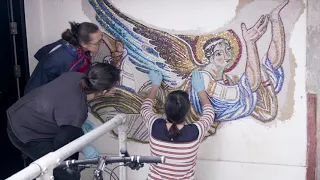 Byzantine Angel Mosaic installation at London School of Mosaic