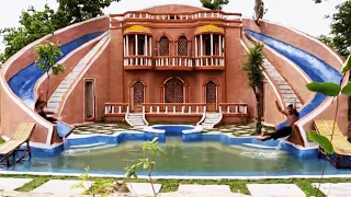 Build Most Wonderful Mud Villa, Twin Water Slide, Gorgeous Swimming Pool& Pool Top Villa | Music