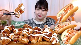 마요네즈 가득 촉촉바삭 처갓집 슈프림 양념치킨 샐러드빵 먹방 Yangnyeom Chicken Salad Bread Koreanfood Mukbang