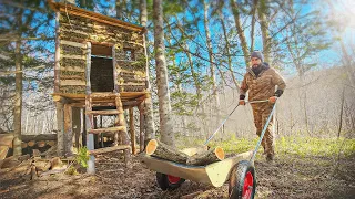 Building a TREE HOUSE in the WILD FOREST alone | DIY cart | Food on the fire