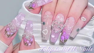 sub) Tulip & MIU MIU Nails🌷/🇰🇷Korea Nails / Water Drop Nails / Nail Art / Self-Nails / Nail ASMR