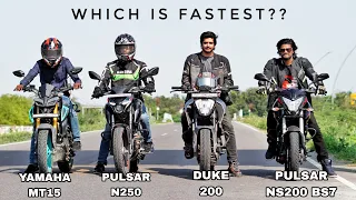 Pulsar NS200 BS7 Vs Duke 200 Bs6 Vs Pulsar N250 Vs Yamaha MT15 Bs6 | Quad battle