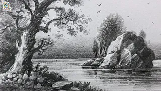 How to draw Lake in the forest Scenery Art | Pencil sketch and shading
