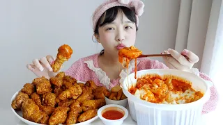 Spicy Cheese tteokbokki + Honey chicken Real Sound MUKBANG🔥I love these😍‼ | Eating show ASMR :D