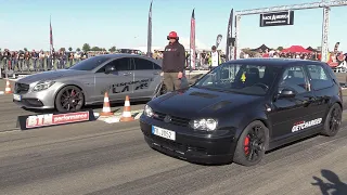 750HP VW Golf 4 1.8 Turbo vs 900HP Mercedes-Benz CLS63s AMG