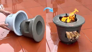 Smokeless wood stove - How to make a simple outdoor mini wood stove with cement and plastic barrels