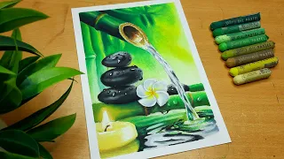 Drawing of Spring Water Flowing Through a Bamboo | Oil Pastel Drawing | Canvas Art