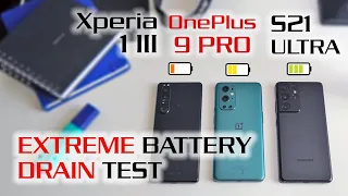 EXTREME Battery Drain Test - Sony Xperia 1 III vs OnePlus 9 Pro vs Samsung Galaxy S21 Ultra