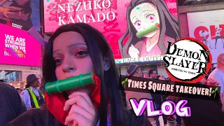 🌱Demon Slayer: Kimetsu no Yaiba Times Square takeover 🗽🎋+ Nezuko cosplay wig tutorial 🌸🌱