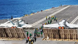 Hypnotic US F-18's Take-off From Gigantic Aircraft Carrier