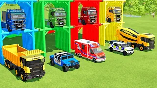 TRANSPORTING MIXER TRUCK, FIRE TRUCK, FIRE DEPARTEMENT, FORD POLICE, AMBULANCE WITH TRUCKS ! FS22