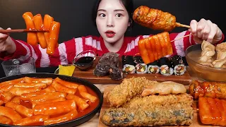 SUB)Spicy Tteokbokki with Giant Fried Squid, Seaweed Roll, Rice Cake Skewer, Kimbap Mukbang Asmr