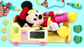 Disney Mickey Mouse Toy Ambulance Doctor Hospital Checkup & Kids Learning Coloring Book!