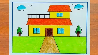 House Drawing / How to Draw a Simple House Step By Step Very Easy / House Scenery Drawing