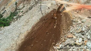 Process Clearing Rock Building New Road On Mountain Techniques Explosives And Excavator, Dump Trucks