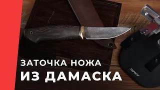 Заточка ножа из дамаска от Товарищества Завьялова, нож скиннер малый, на устройстве TSPROF Kadet Pro