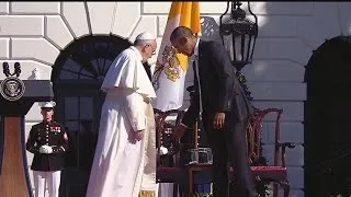 Pope Francis addresses President Obama at the White House