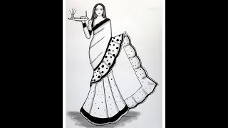 How to draw a Traditional Girl with Saree Easy | Saree Drawing | Draw girl/Drawing for girls/drawing