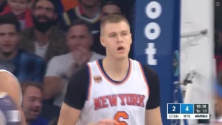 Kristaps Porzingis and-one layup - Jazz @ Knicks 11/5/2016