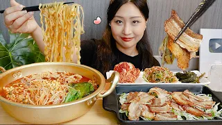 MUKBANG) 꽃송이버섯 진짬뽕 삼겹살 먹방🍜 Jinjjambbong Ramyun 라면 & Samgeopsal asmr real sound eating