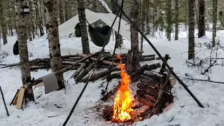 Solo Winter Camping Overnighter after Snowstorm - bushcraft tarp shelter, campfire cook, Deep Snow