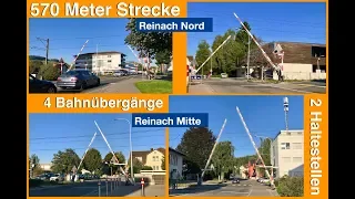 BIG RAILWAY CROSSING MOVIE //  570 m Strecke / 4xBahnübergänge / 2 Haltestellen in Reinach AG