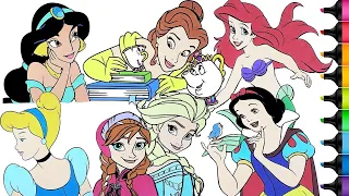 Disney Princess Coloring Pages Compilation Jasmine Belle Ariel Cinderella Elsa Anna Snow White