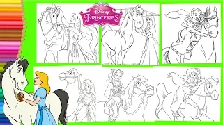 Coloring Disney Princess Belle Cinderella Aurora Jasmine Ariel Horse Riding Coloring Pages
