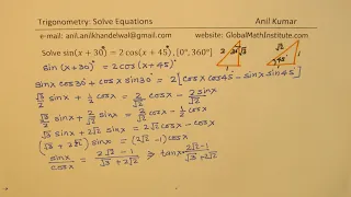 Solve sin⁡(x+30)=2 cos⁡(x+45),[0°,360°] Trigonometric Equation