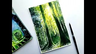 Sun Rays in the FOREST Watercolor Painting / TREES / LANDSCAPE / PAINTING
