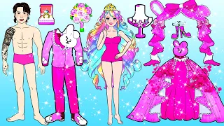 [🐾paper Diy🐾] Rich Vs Broke Family Wedding Pink Bunny Dress Up Contest | Rapunzel Compilation 놀이 종이