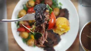 Braised Short Ribs with Garlic Butter Baby Potatoes & Microgreens | Slow Cooker Recipe