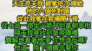 天生克夫我被爹依次 嫁給他的六個死對頭，從此我爹在官場開了掛，從七品縣令一路坐火箭升到當朝宰相，隔天我竟收到皇帝聘禮，費解地看著他:爹，你是想造反嗎?他道：陛下頭鐵非娶你