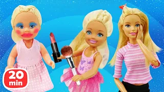 Chelsea e Evi usam a maquiagem da Barbie! Vídeo infantil com boneca Barbie em português.