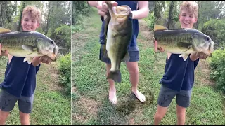 Country kid catches Big pond bass!