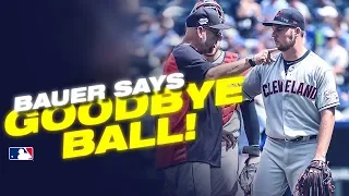 Bauer hurls ball after being pulled in the 5th