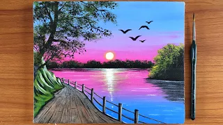 Purple Sunset Landscape Painting for beginners | Easy Acrylic painting Sunset | Canvas Painting