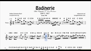 Badinerie Notes Sheet Music in A minor Treble Clef Flute Violin Recorder Oboe