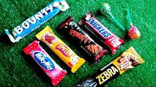 Unpacking Milk Chocolate Bounty, Milkyway, Snickers, ZEBRA, Lollipops. ASMR Satisfying video.
