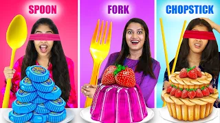 SPOON Vs FORK Vs CHOPSTICK EATING CHALLENGE WITH CLOSED EYES 🤩 | PULLOTHI